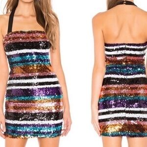 Htf About Us Multi-Color Sequin Striped Halter Neck Mini Dress, size Large